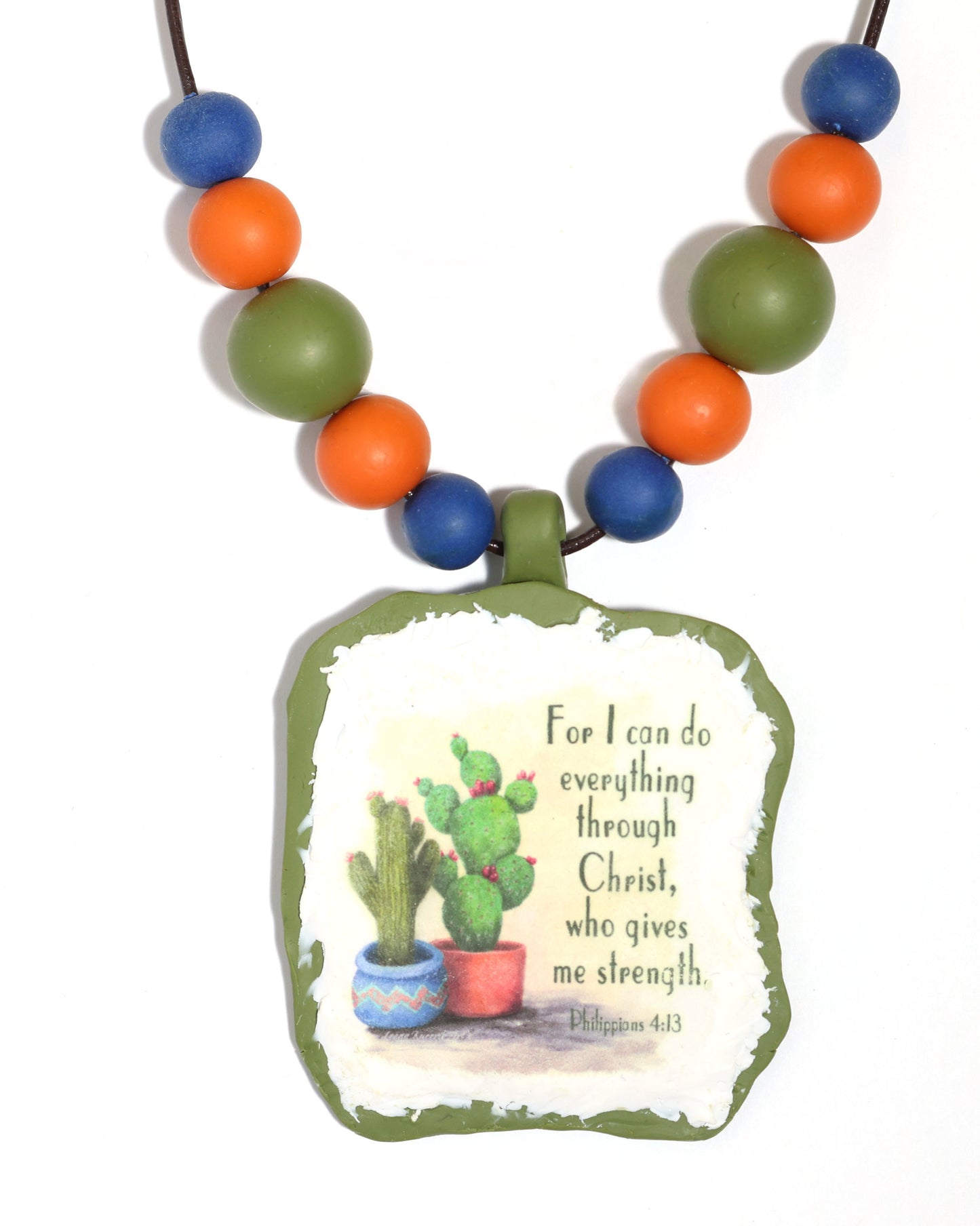 Fun Cactus & Bead Necklace with Bible verse Philippians 4:13