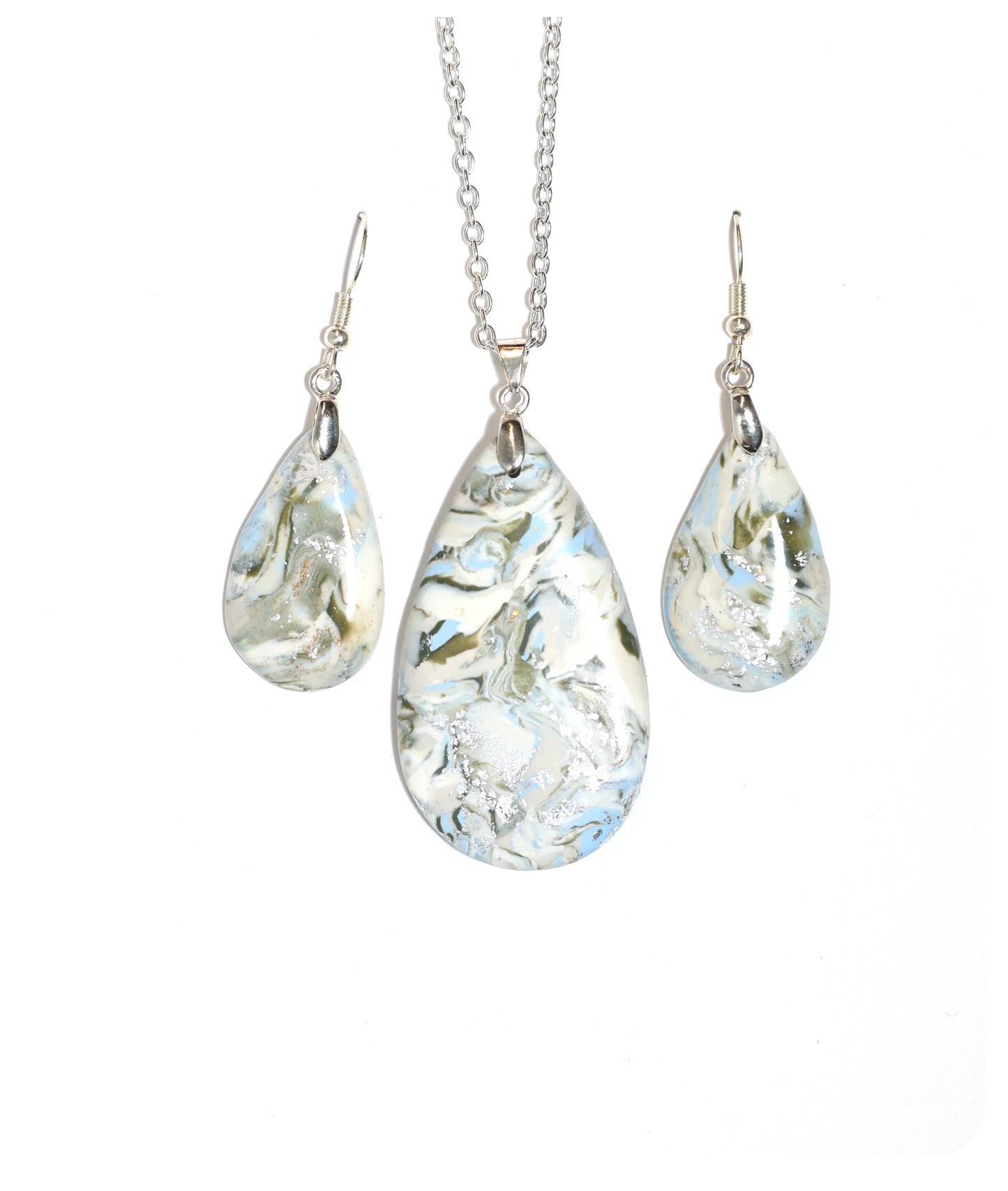 Teardrop Marbled Sage with Silver Necklace & Earring Set