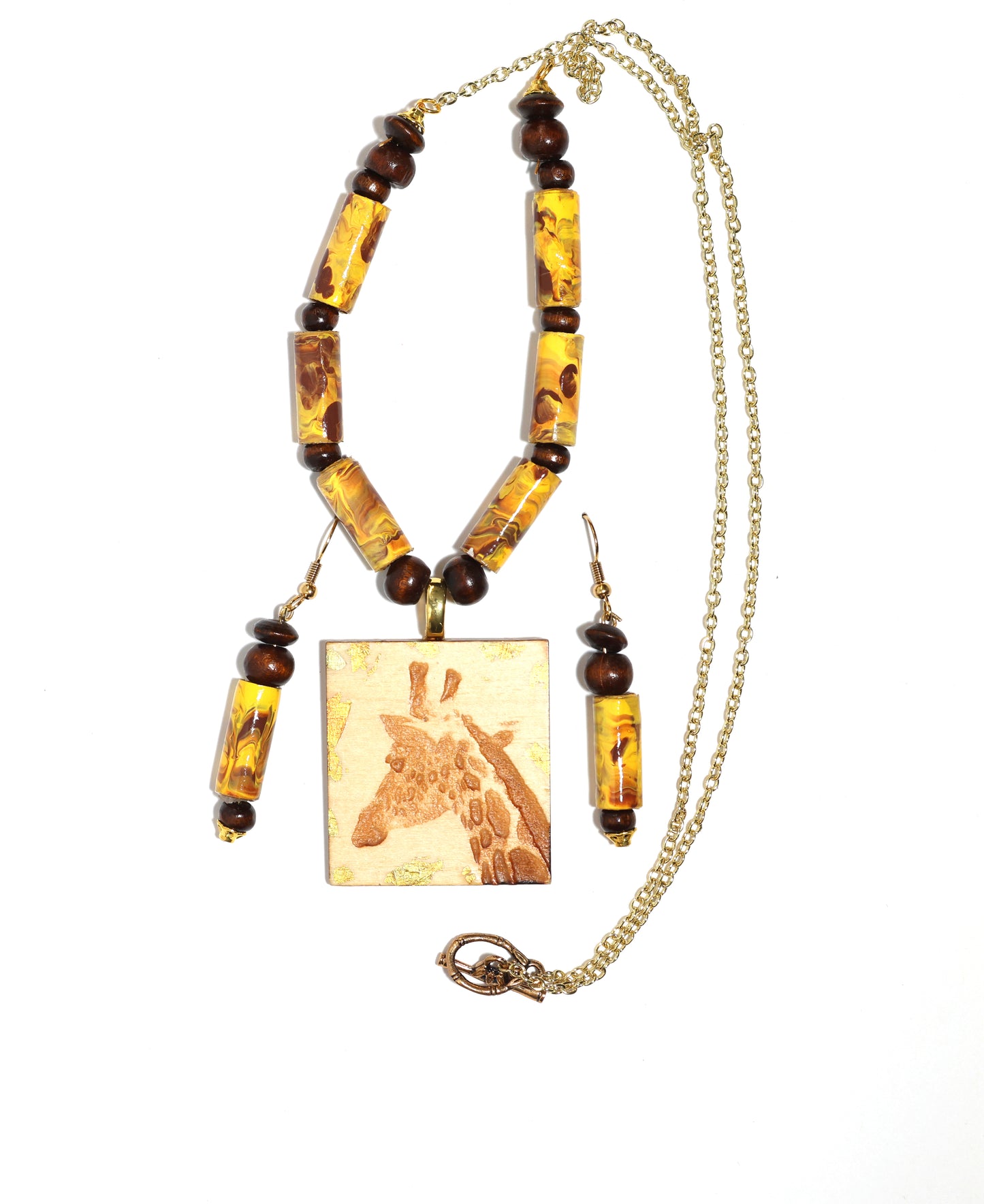 Giraffe Engraved Wood Necklace & Earring set