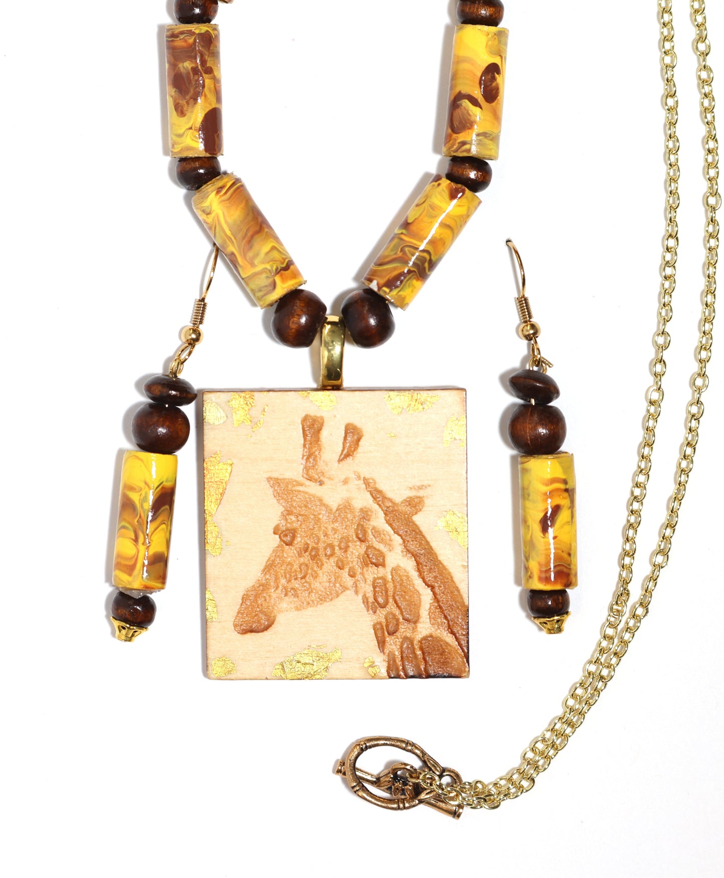 Giraffe Engraved Wood Necklace & Earring set