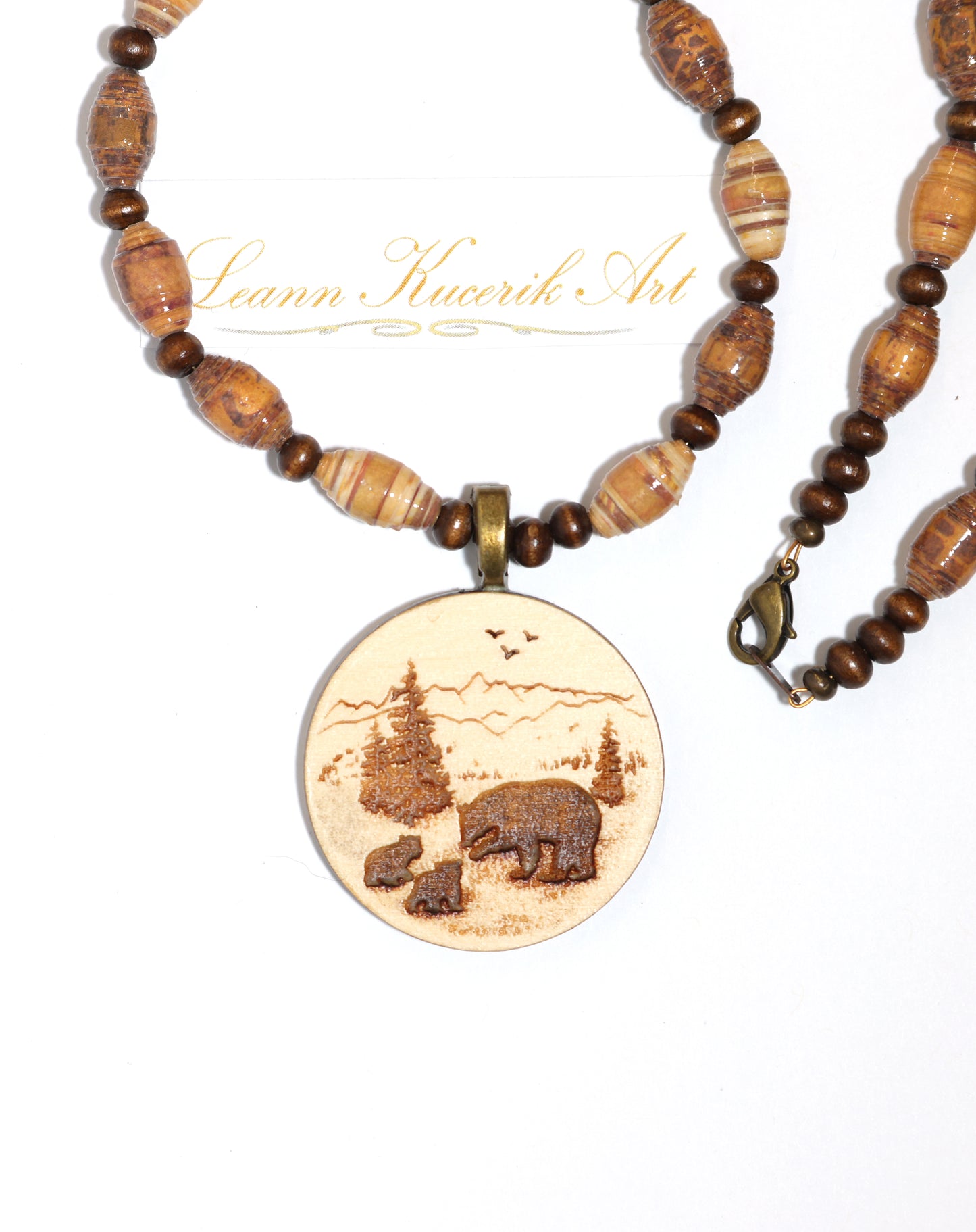 Bear Engraved Wood Necklace