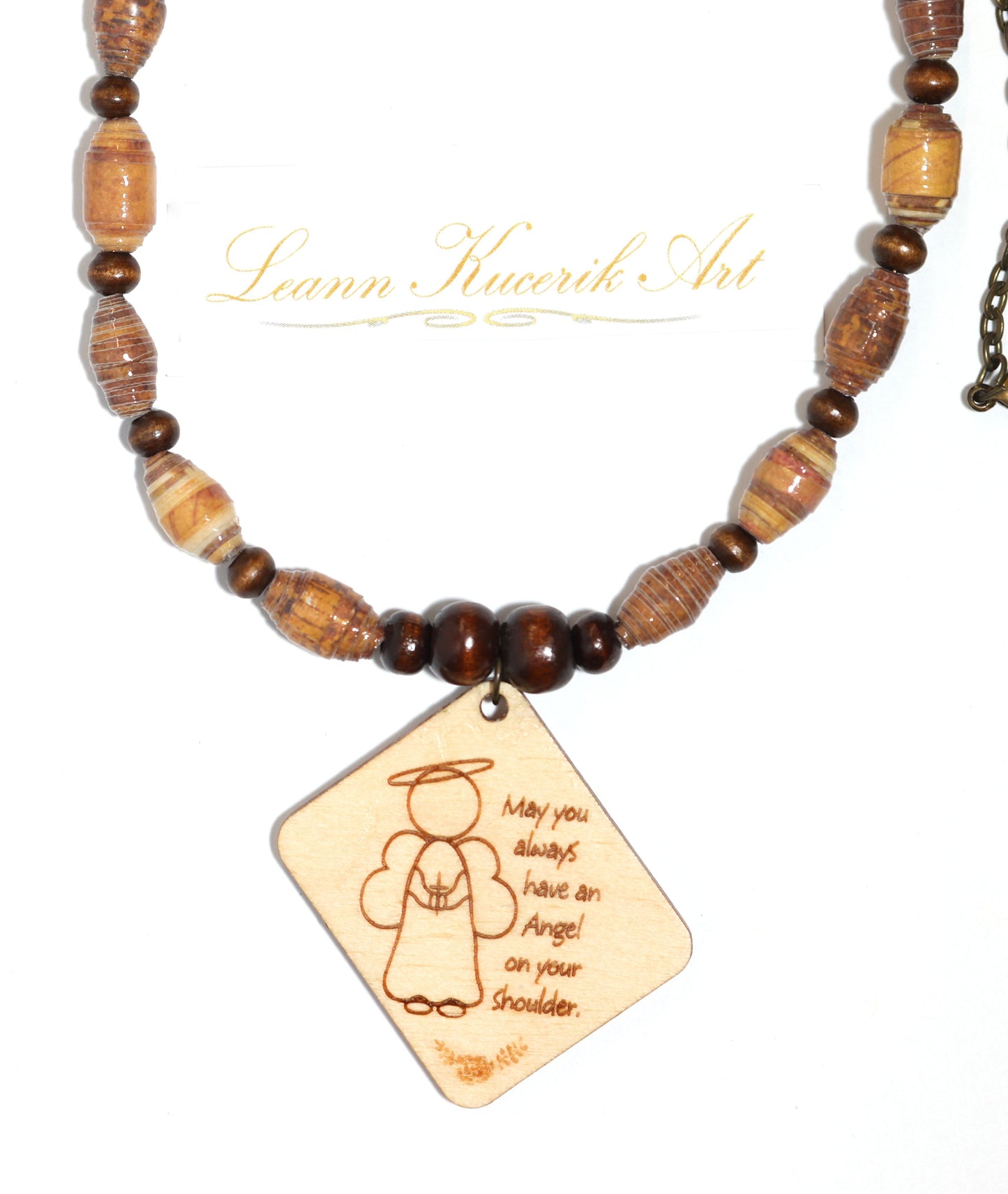 Angel Engraved Wood Necklace with Paper Beads