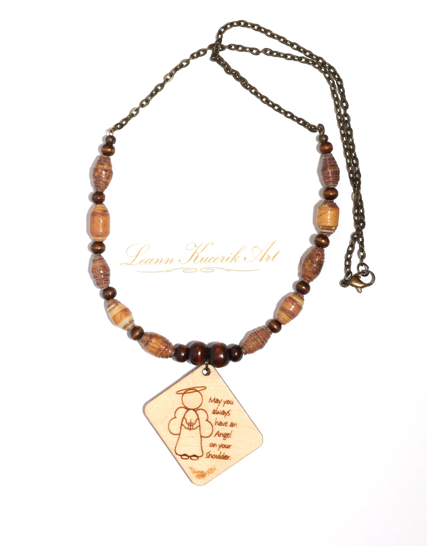 Angel Engraved Wood Necklace with Paper Beads