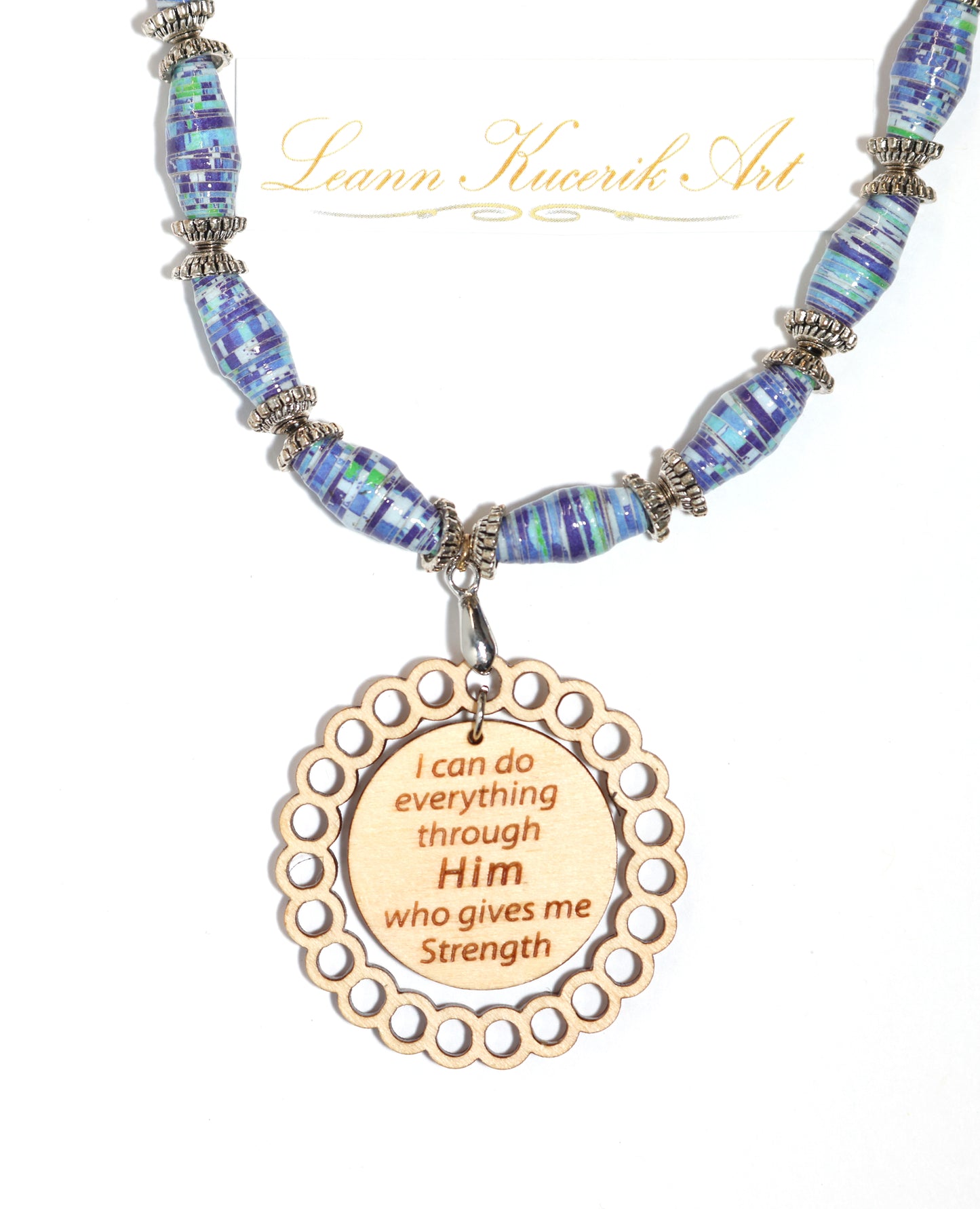 Blue Paper bead and Bible Verse Necklace