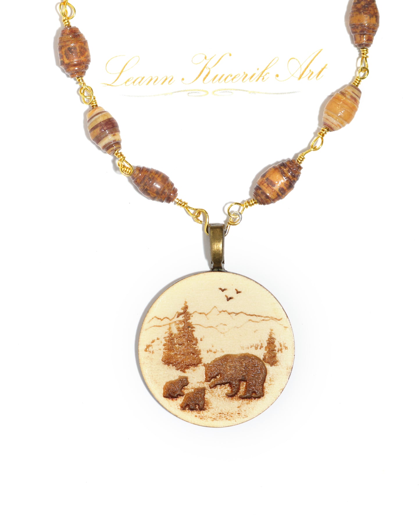 Mama and Cubs Engraved Wood Necklace