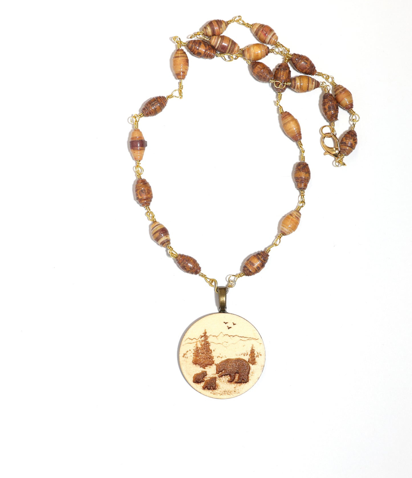 Mama and Cubs Engraved Wood Necklace