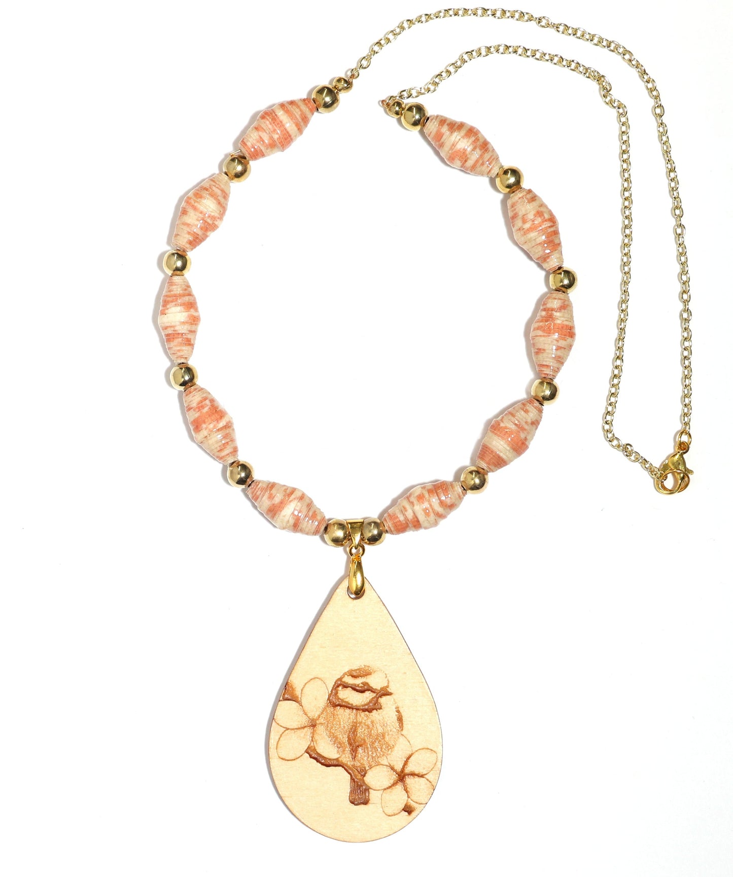 Peach paper bead and wood engraved Titmouse Bird Necklace