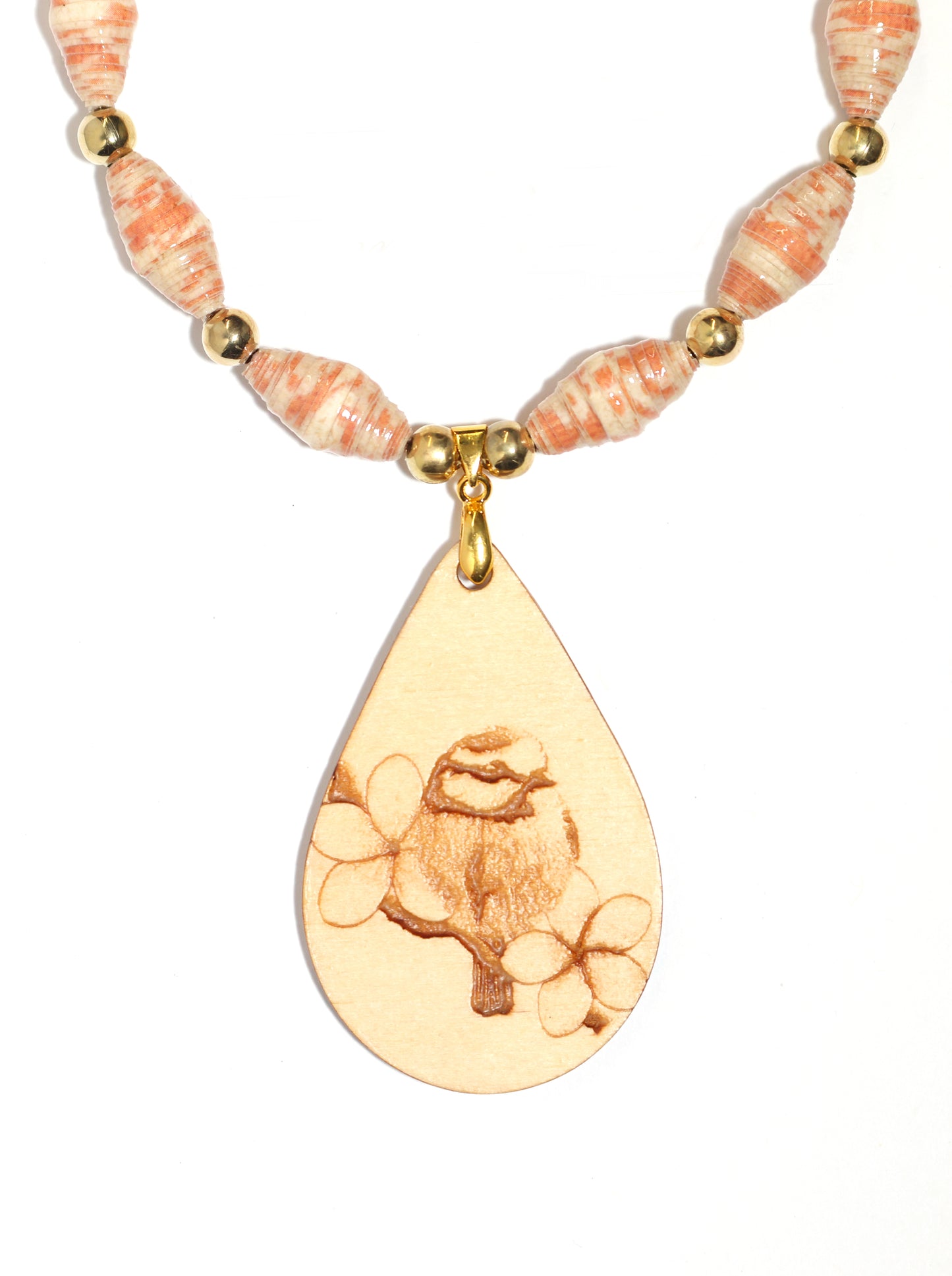 Peach paper bead and wood engraved Titmouse Bird Necklace