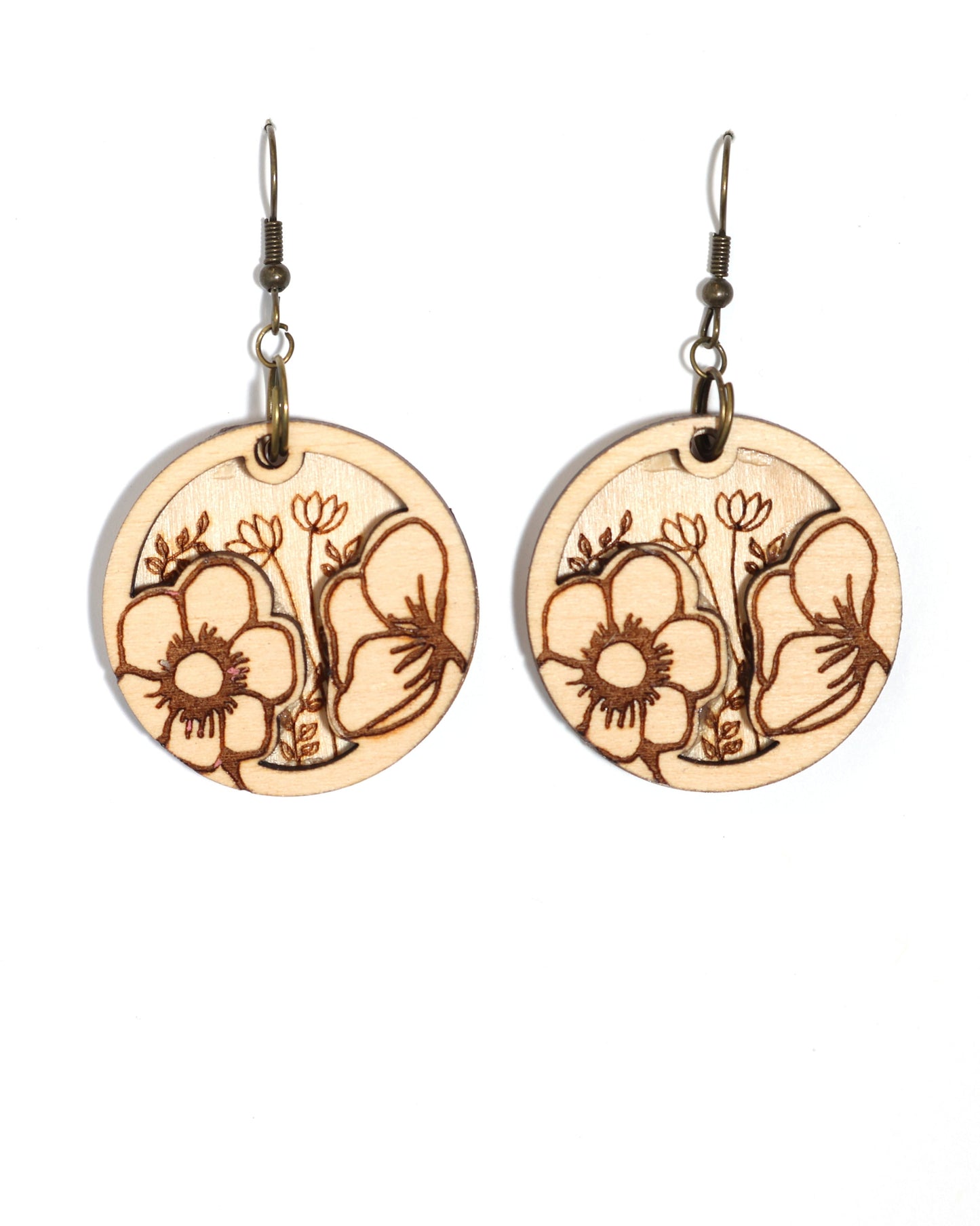 Two Layer Flower Engraved Wood Earrings