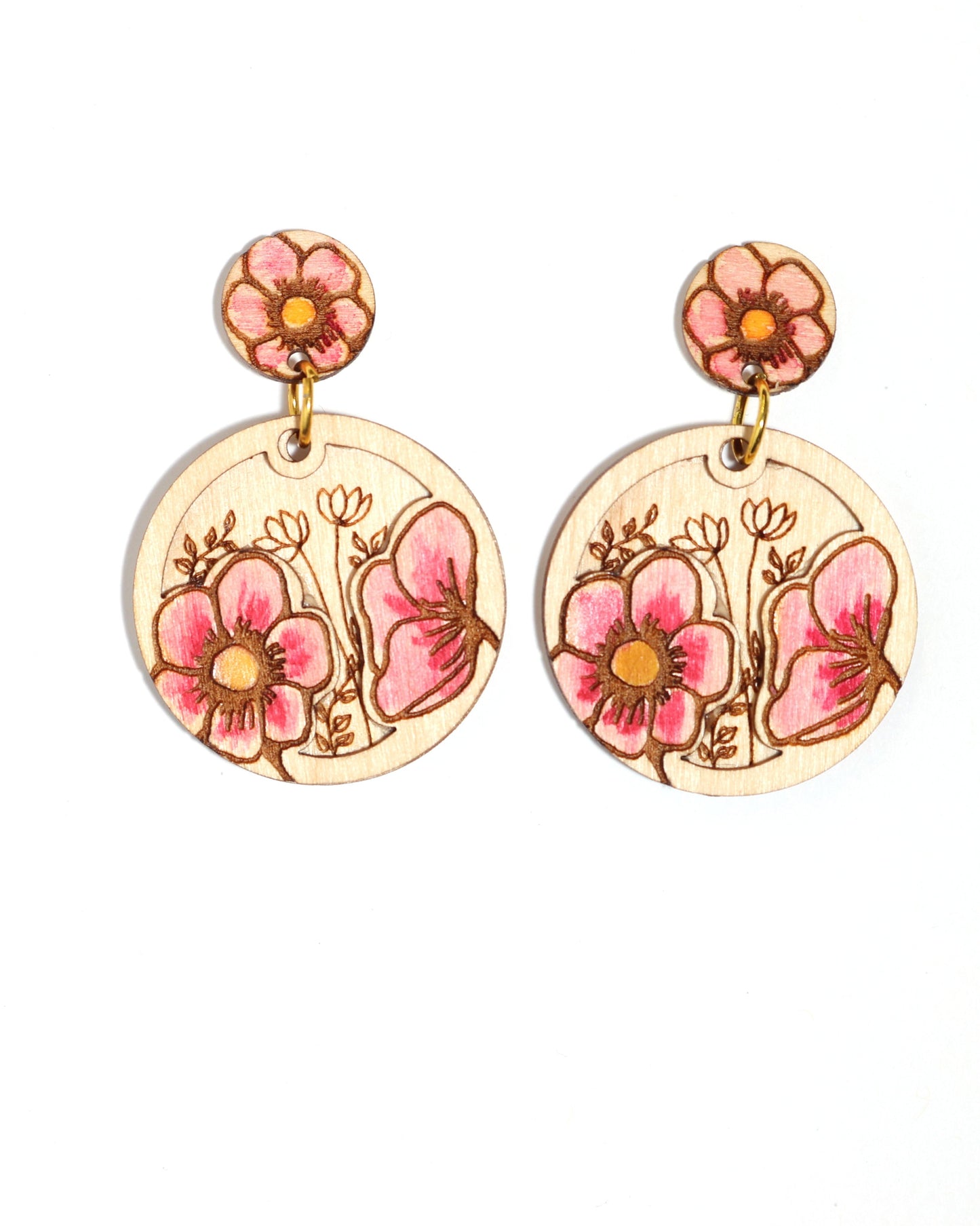 Pink Watercolored Pink Wood Flower Earrings