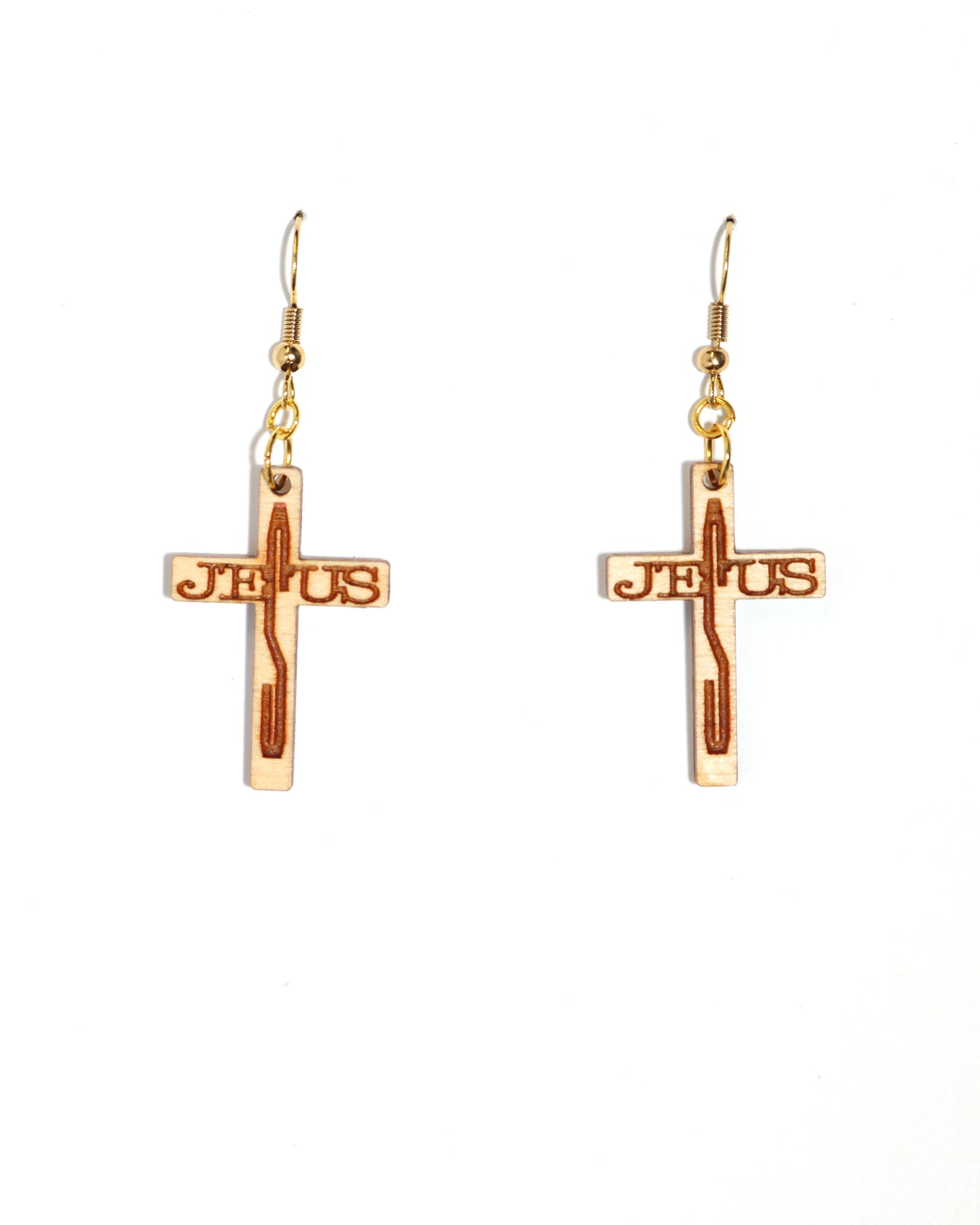 Wood Cross JESUS Earrings