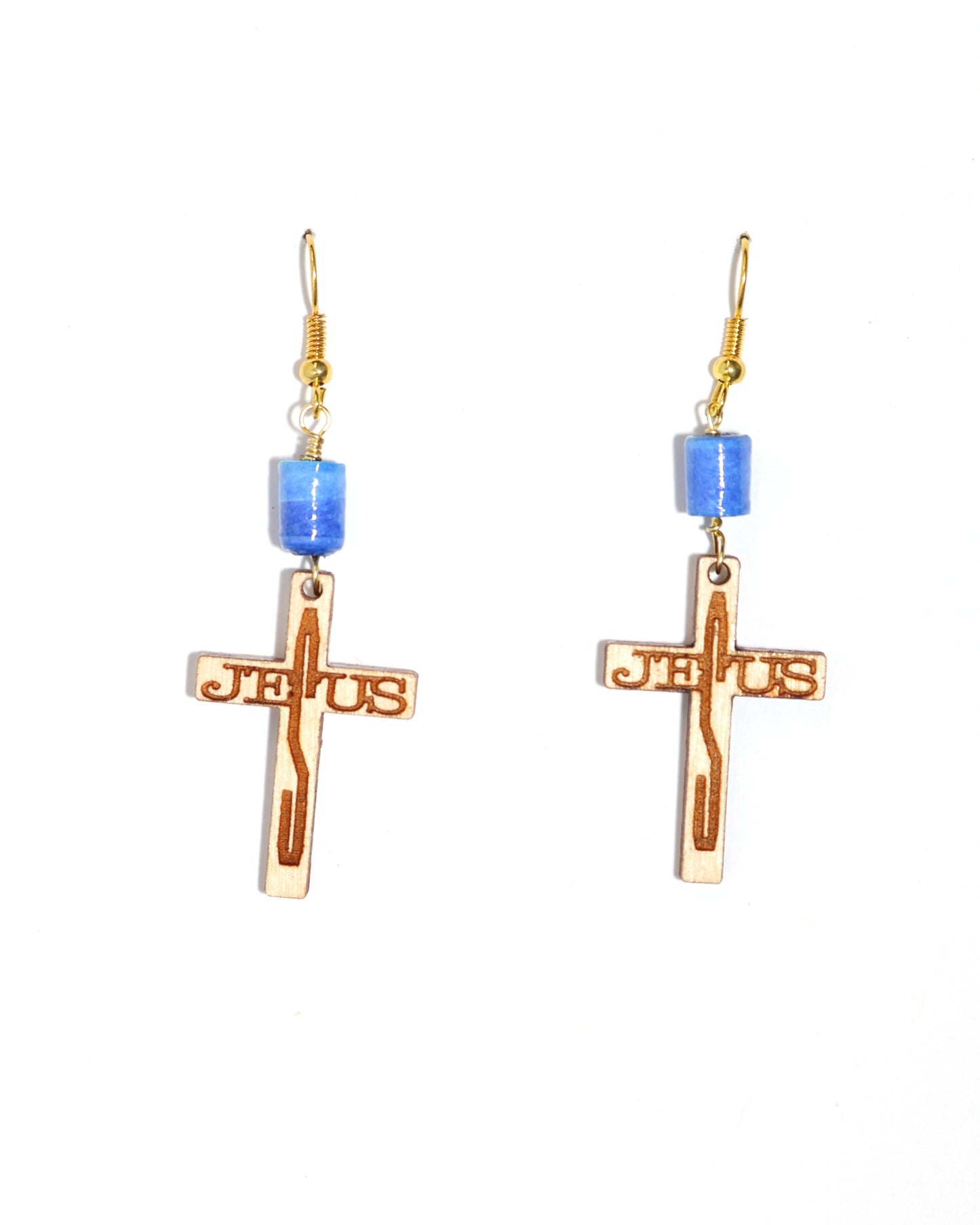 Wood Cross Earrings w Blue paper bead