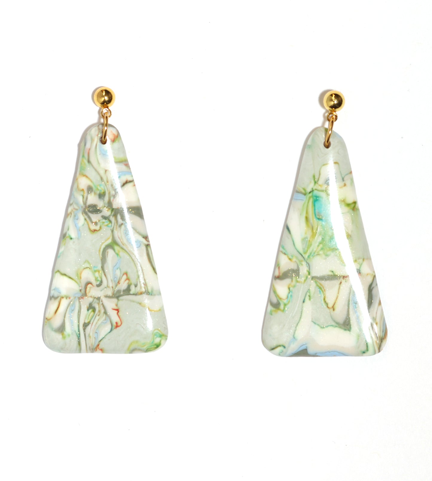 Marbled Green Yellow Long Triangle Dangle Post Earrings