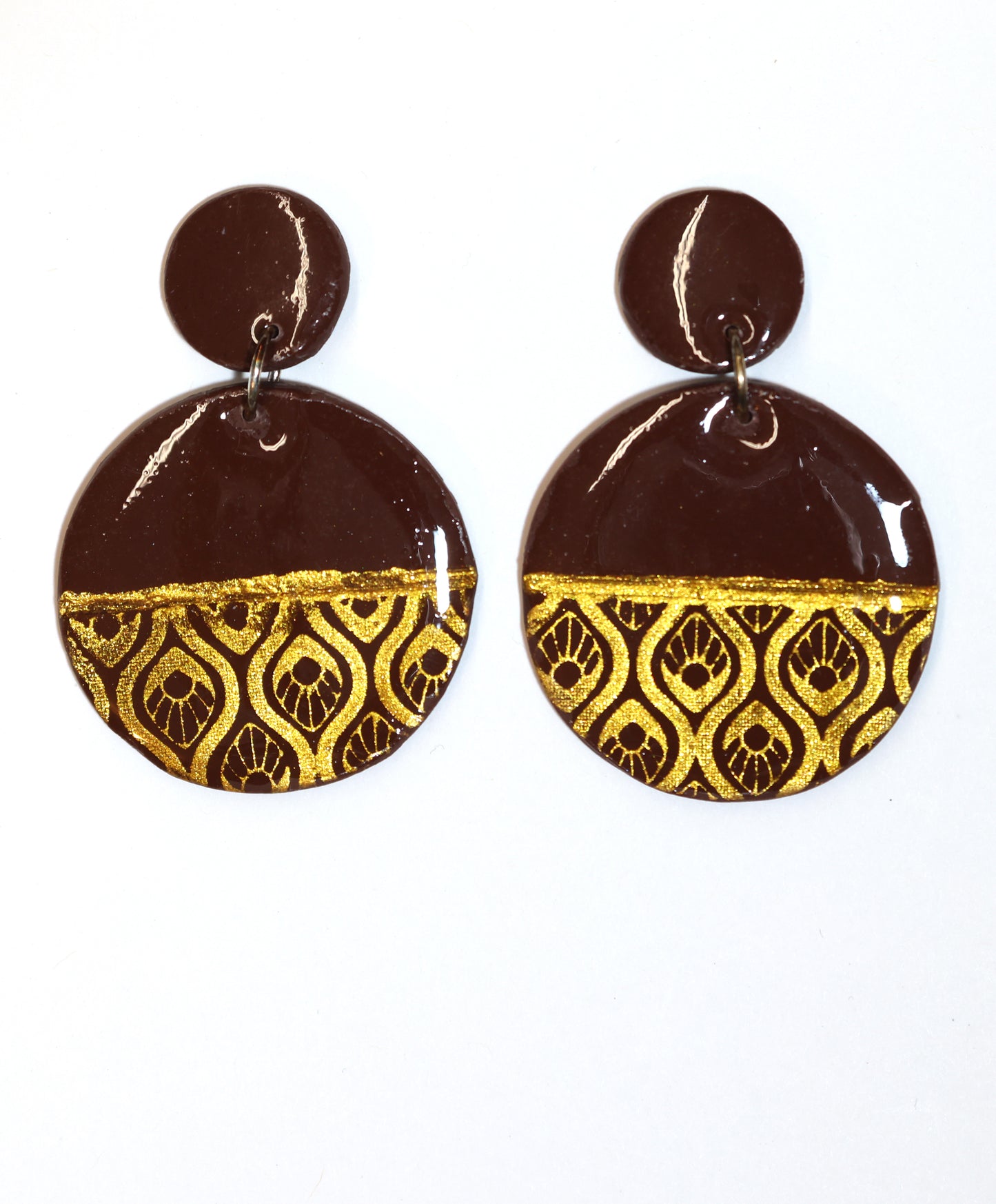 Large Brown & Gold Round Dangle Earrings