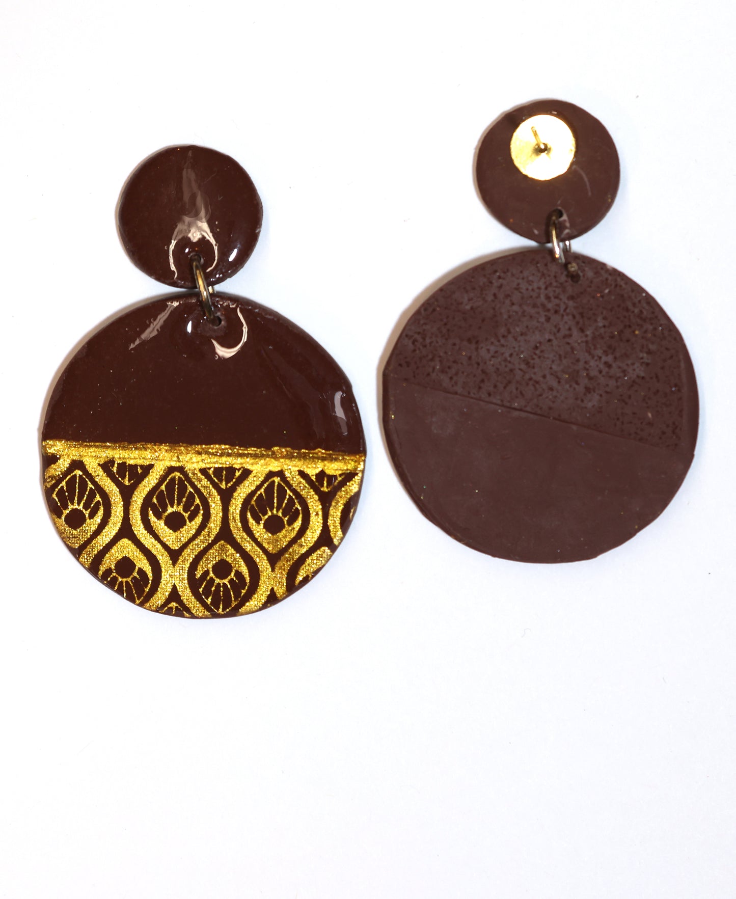 Large Brown & Gold Round Dangle Earrings