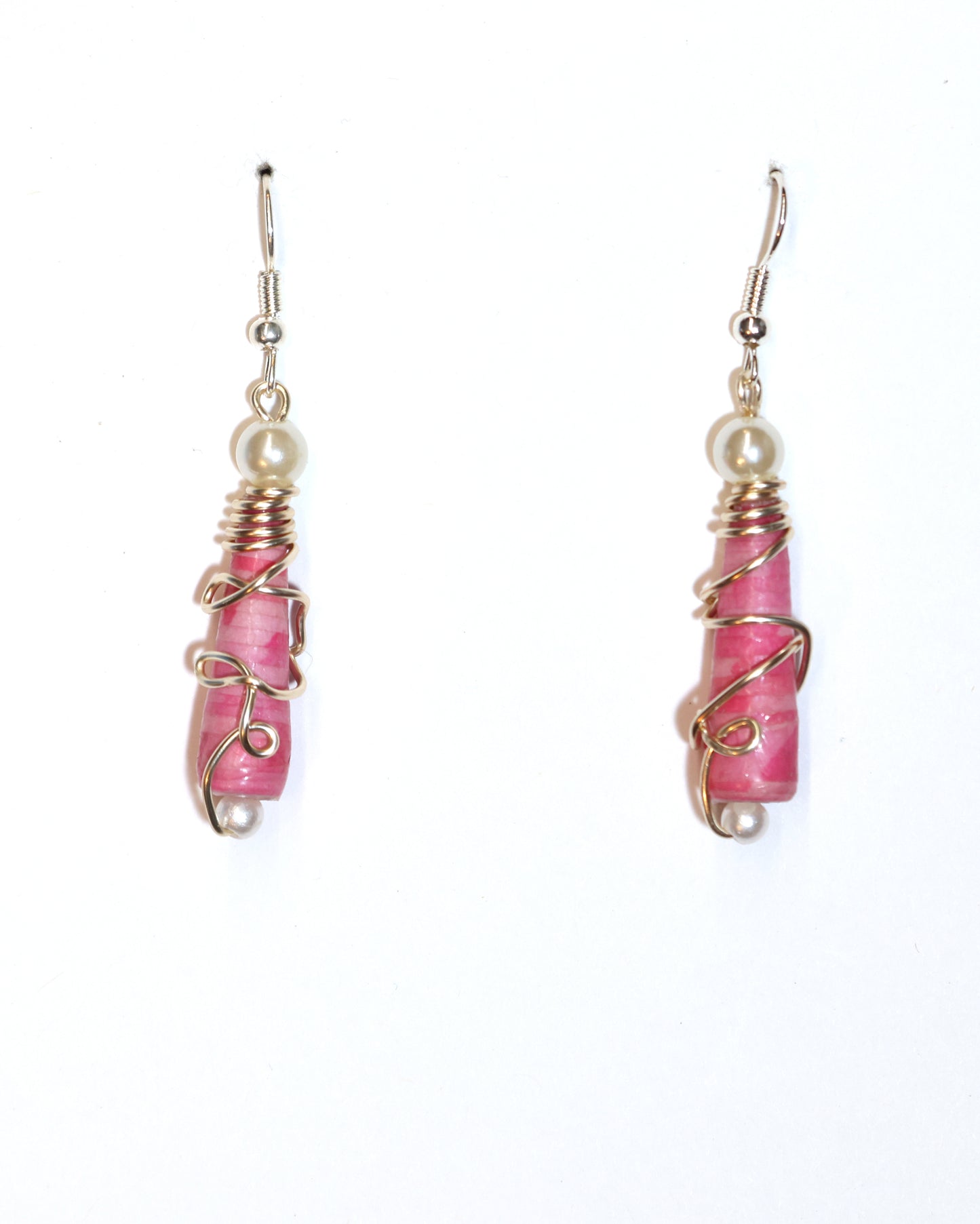 Pink Cone Wire Wrapped Paper Bead Earrings