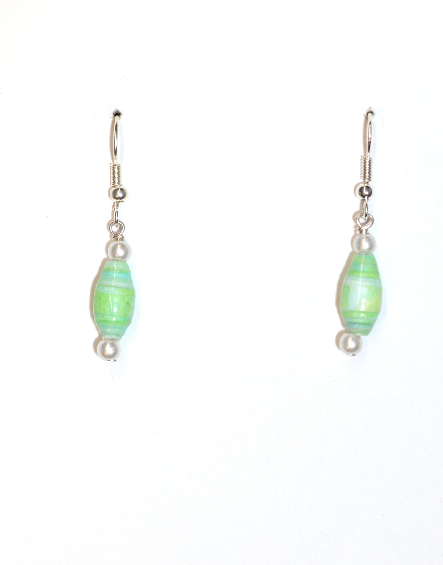 Soft Green Paper Bead and Pearl Earrings