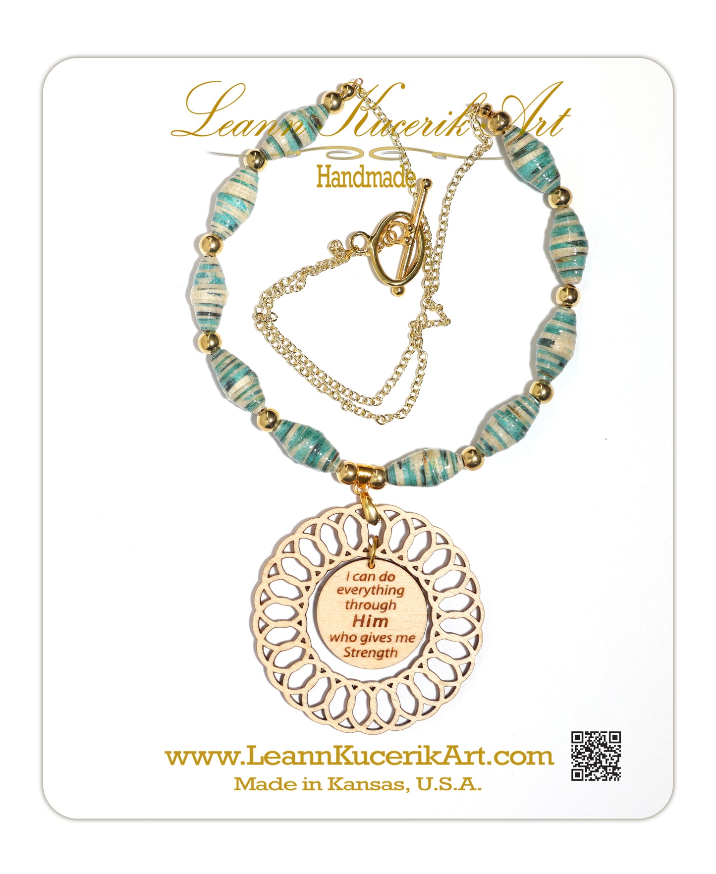 Teal Paper bead and Bible Verse Necklace