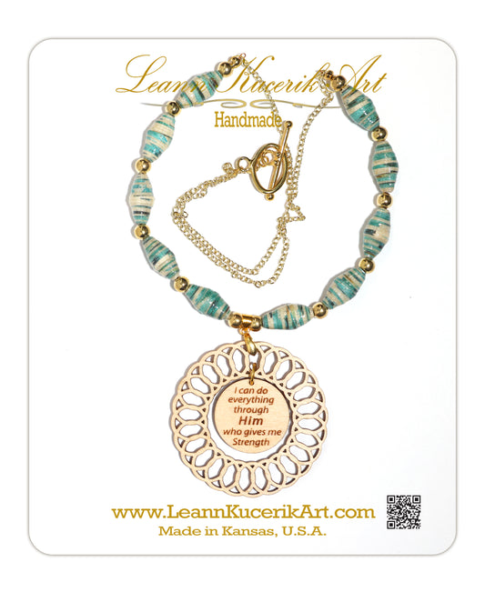 Teal Paper bead and Bible Verse Necklace