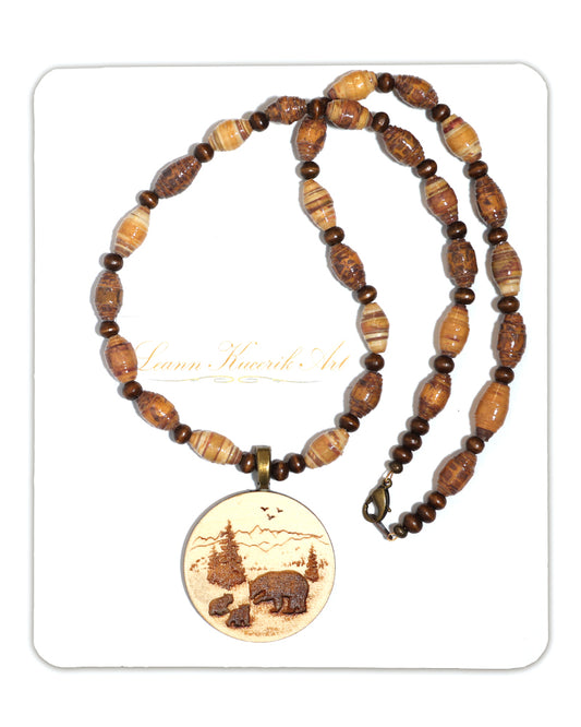 Bear Engraved Wood Necklace