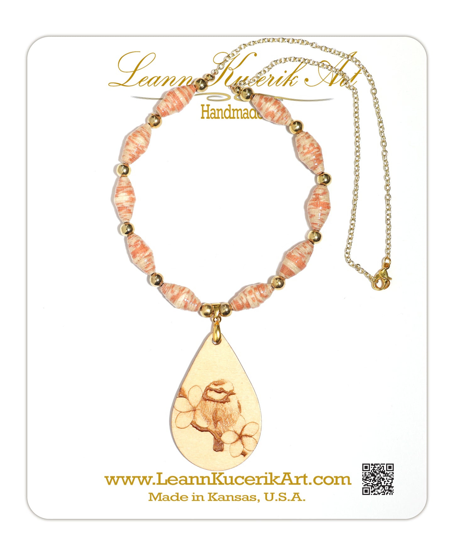 Peach paper bead and wood engraved Titmouse Bird Necklace