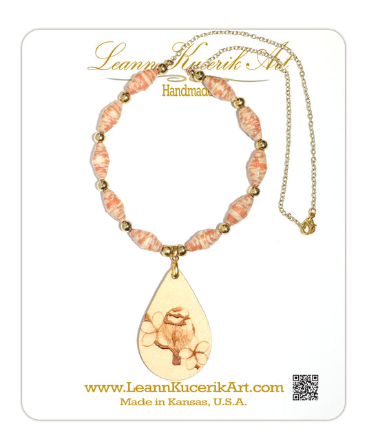 Peach paper bead and wood engraved Titmouse Bird Necklace