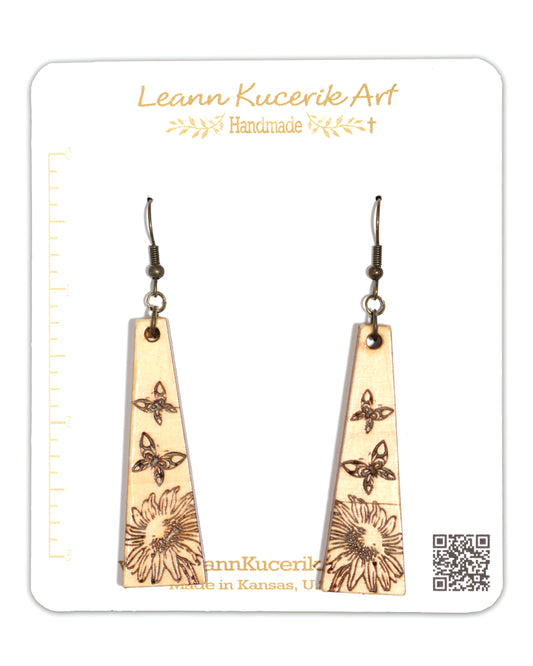 Butterflies and Flower Engraved Wood Earrings