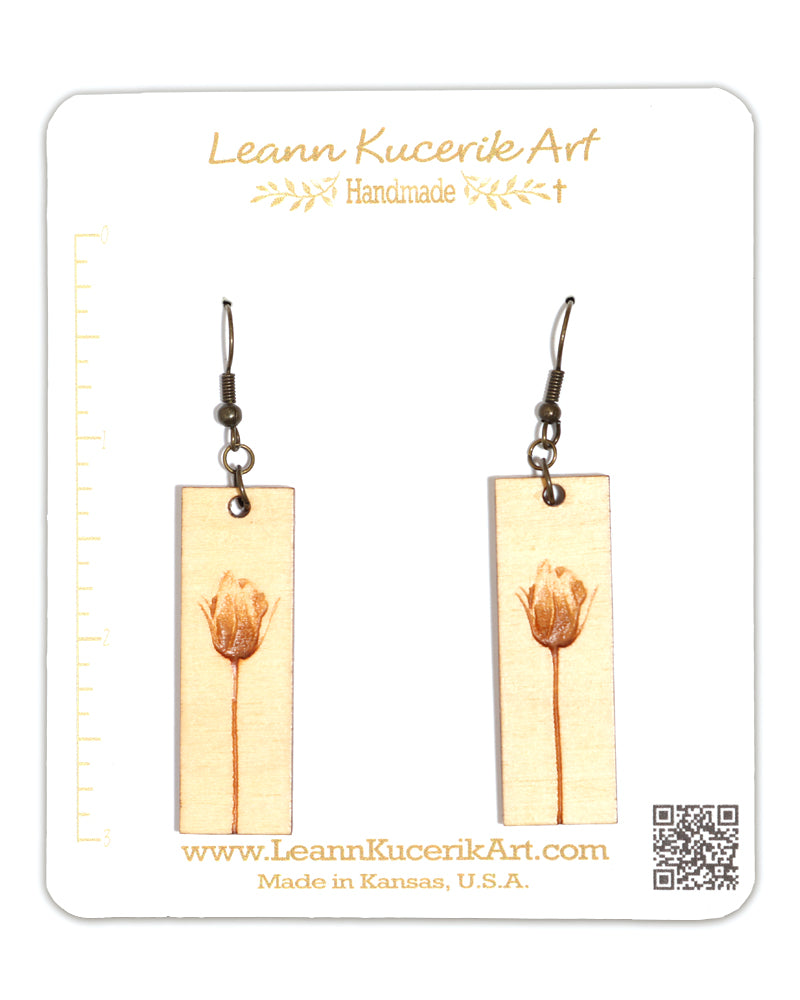 Rose Bud Engraved Wood Earrings