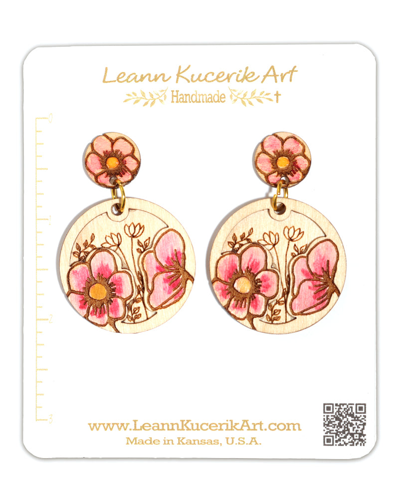 Pink Watercolored Pink Wood Flower Earrings