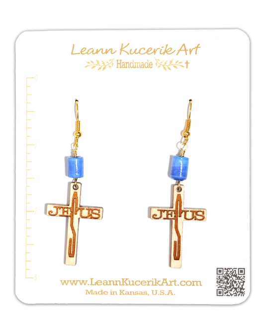 Wood Cross Earrings w Blue paper bead