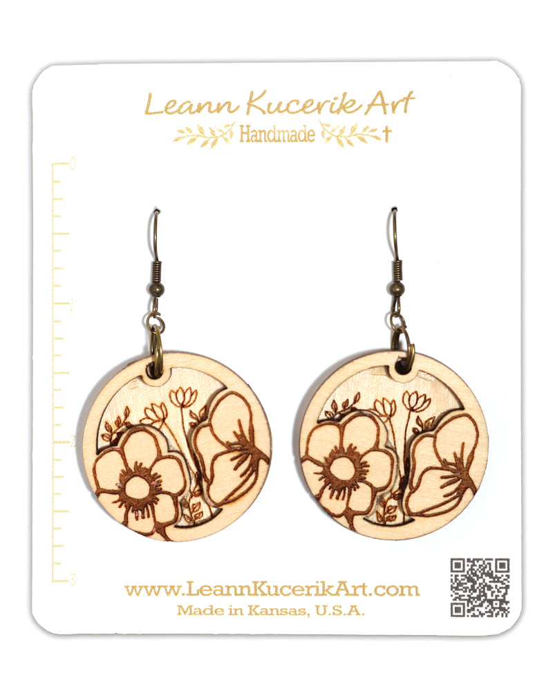 Two Layer Flower Engraved Wood Earrings