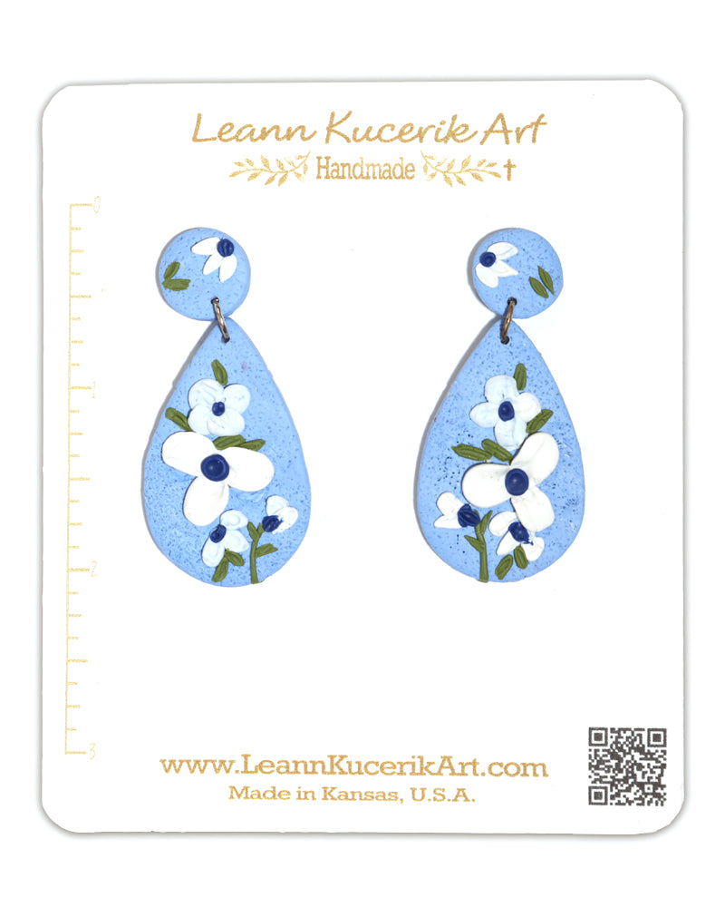 Blue Flower Teardrop post dangle earrings