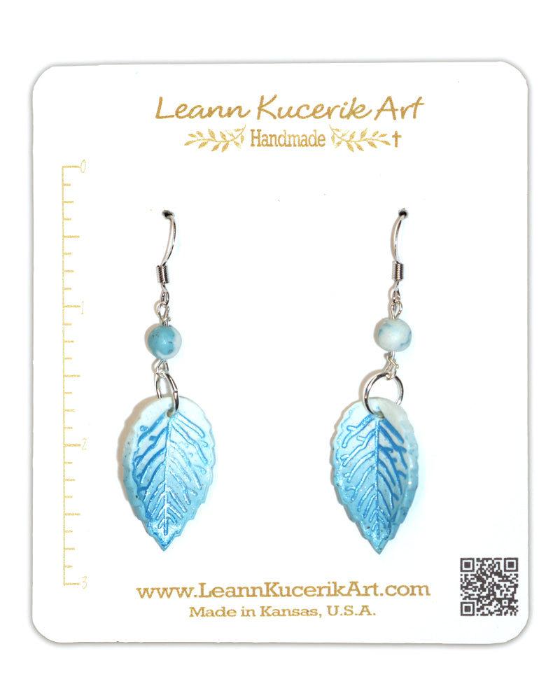 Leaf Dangle earrings in Blue-White Ombre