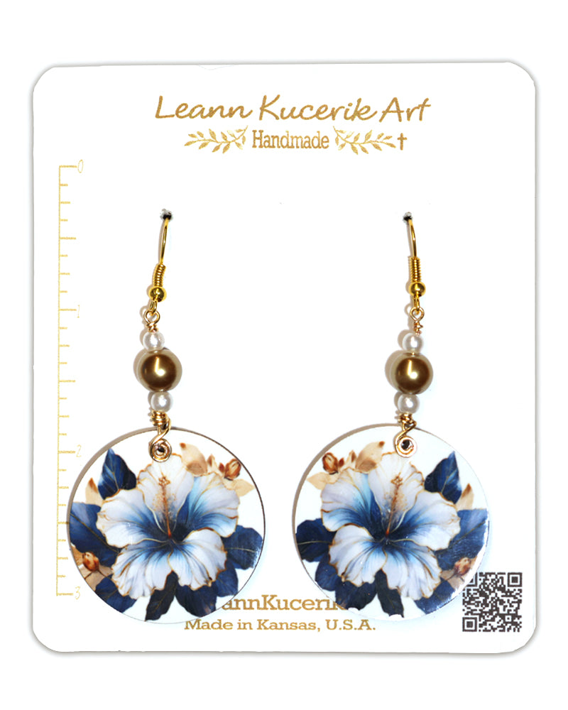 Blue Hibiscus Round Wood Earrings