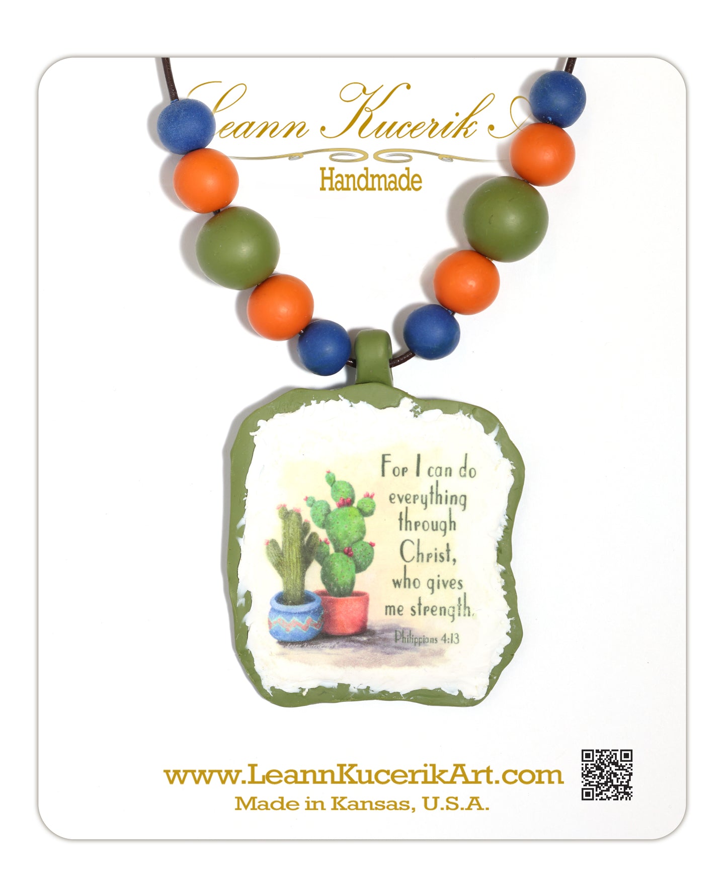 Fun Cactus & Bead Necklace with Bible verse Philippians 4:13