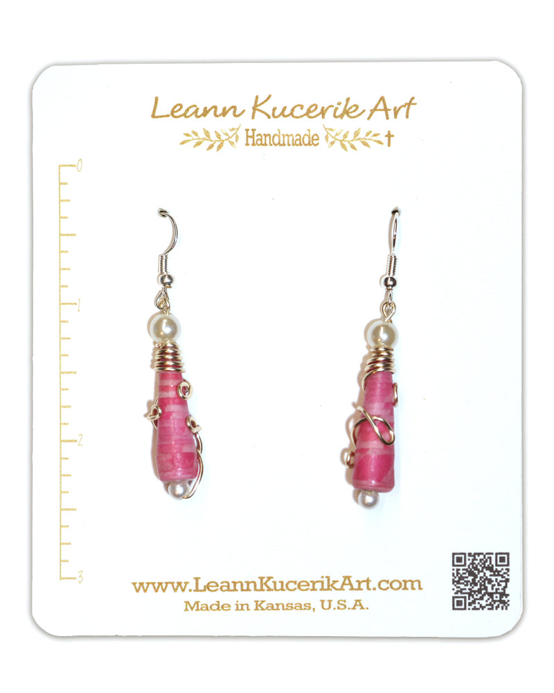 Pink Cone Wire Wrapped Paper Bead Earrings