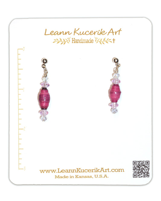 Pink Paper Bead and Crystal Dangle Earrings