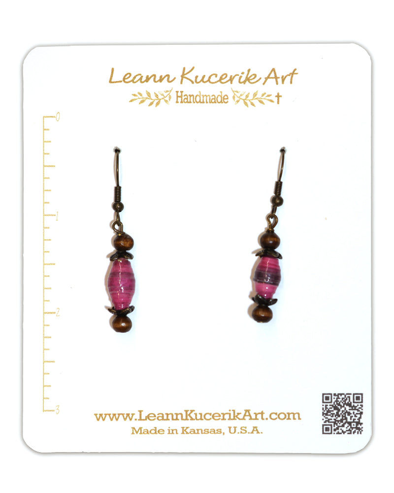 Pink and Brown Paper Bead Earrings