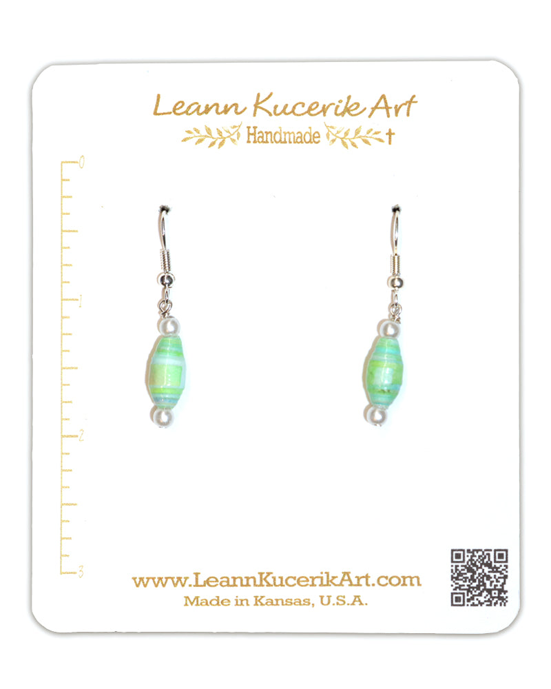 Soft Green Paper Bead and Pearl Earrings