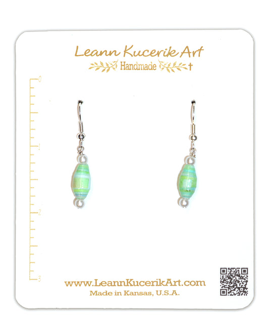 Soft Green Paper Bead and Pearl Earrings